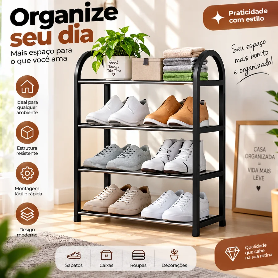 Sapateira Organizadora de Sapatos Preto 4 Andares 8 a 10 Pares Opções de Kit ou Apenas 1 unidade