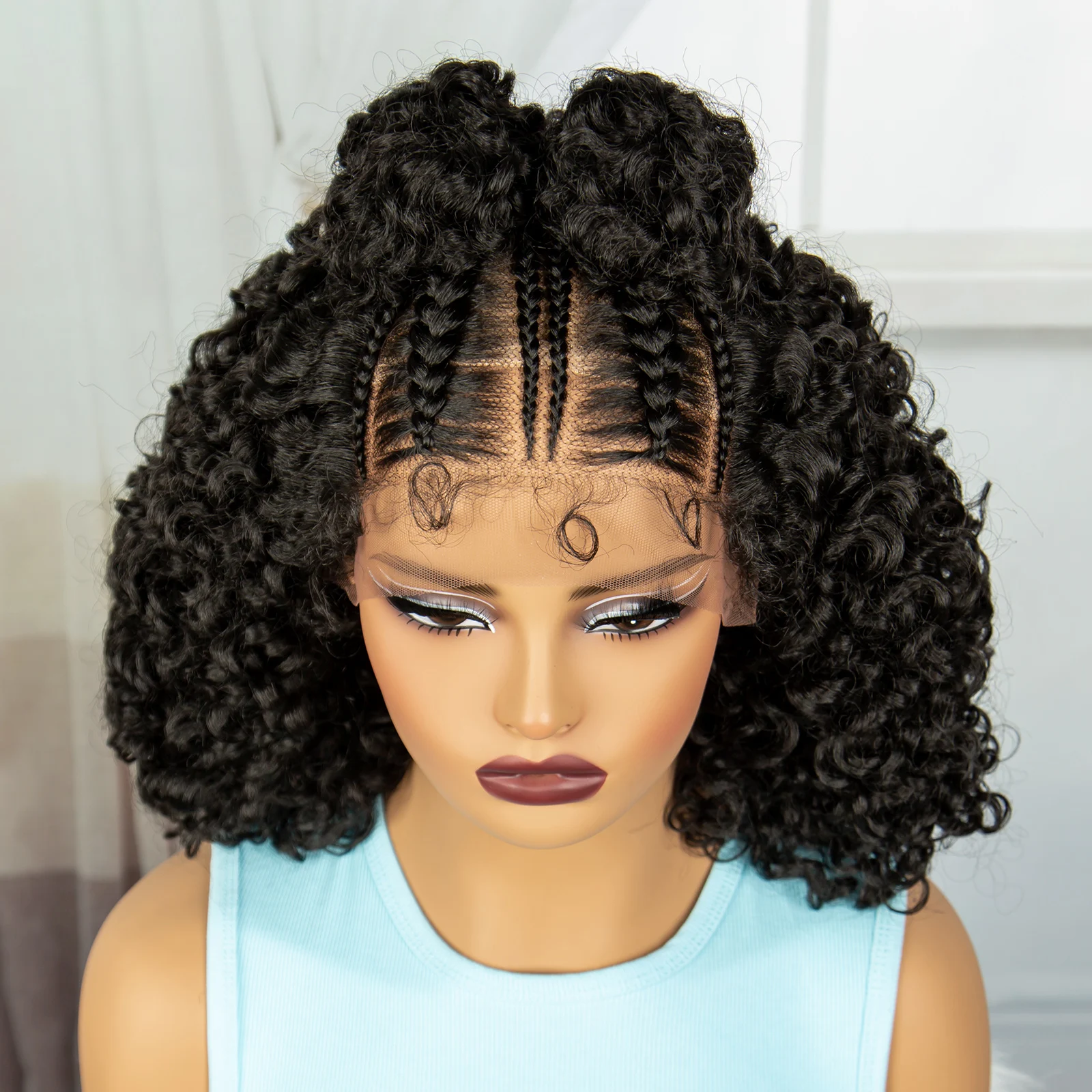 Sintéticas Afro Kinky Curly trançado perucas para mulheres negras, Lace Front, sem nós, tranças Cornrow, peruca com bebê Hai, 16"