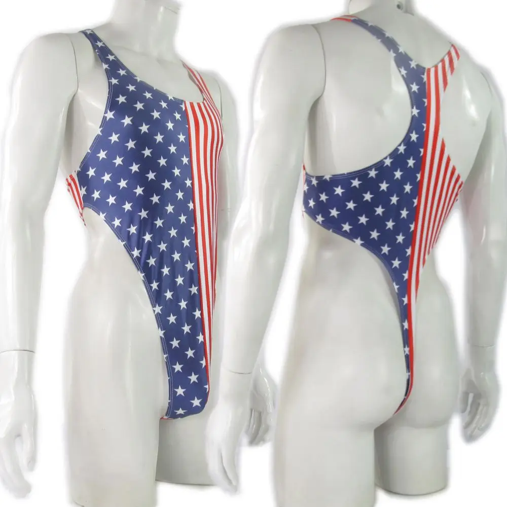 G4284 Mens bodysuit Thong Leotard High Cut Racer Back Swim ผ้าพิมพ์