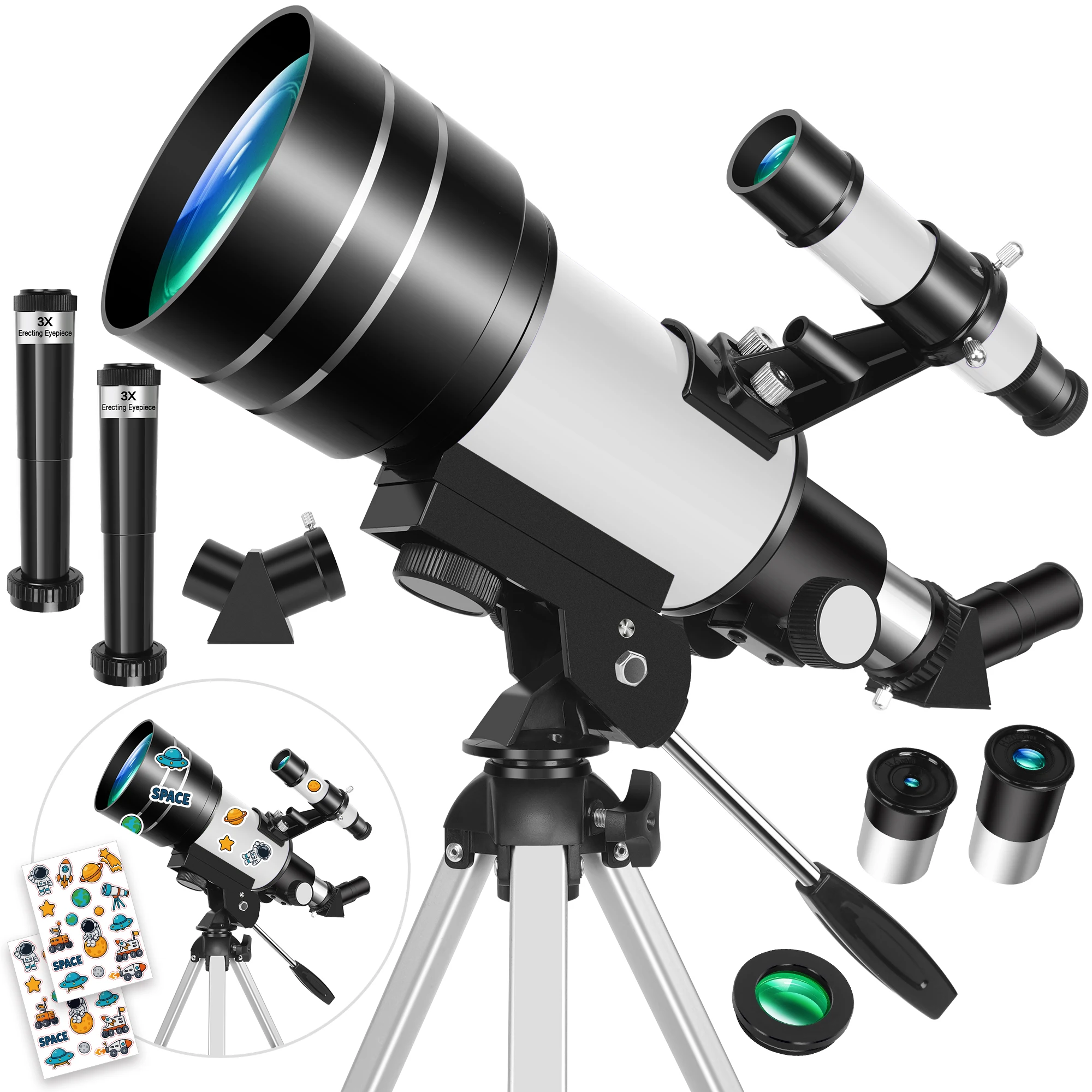 150X 70mm Astronomisches Teleskop für Erwachsene Anfänger Camping Naturbeobachtung Bildungsgeschenk mit Aufklebern