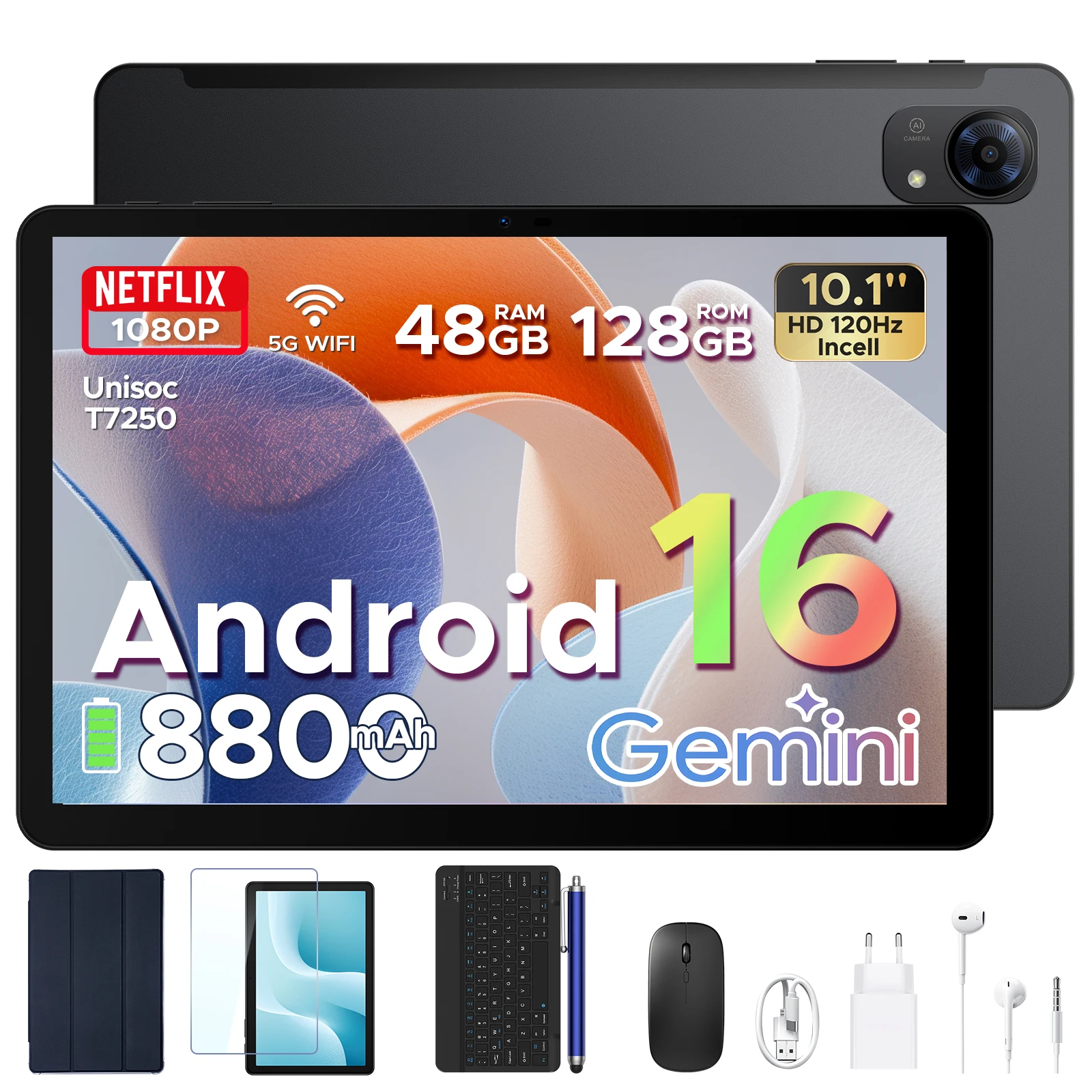Aorlym P10 Pro Android 16 Tablet PC 10.1" Gemini AI Tablet Pad 48GB RAM+128GB ROM 8800mAh Batterij 120Hz Widevine L1 Ondersteuning