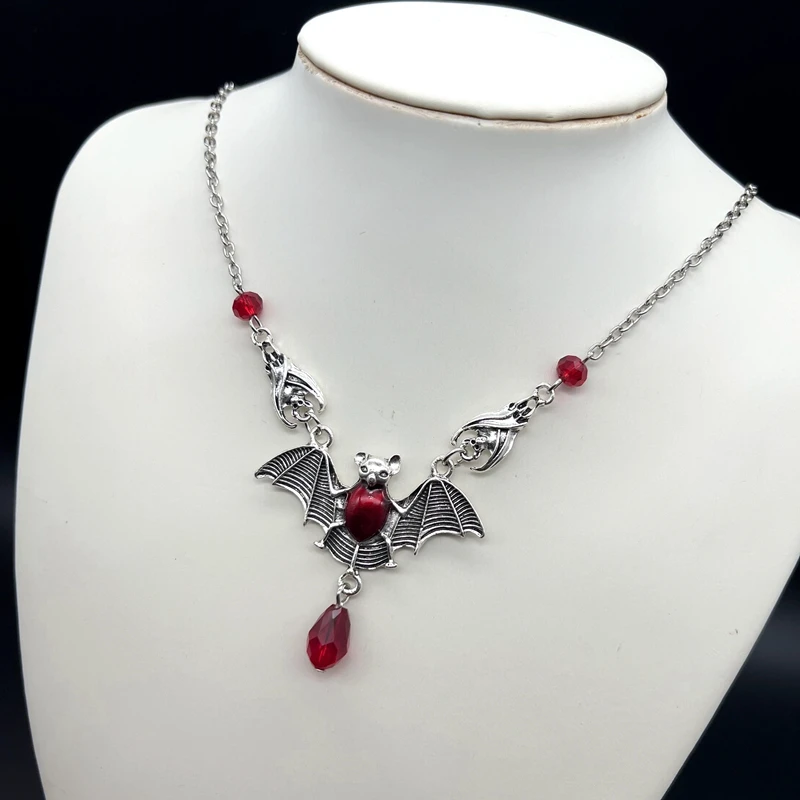 Stunning Gothic Vampire Bat Necklace Red Crystal Beads Vampire Bat Necklace Gothic Jewelry, Statement Necklace,
