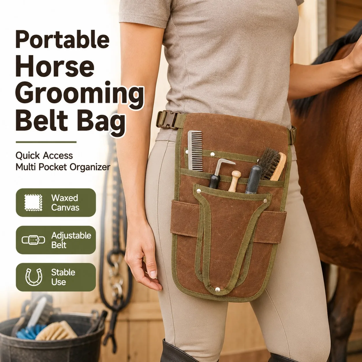 Portable Horse Grooming Bag Multi Pocket Equestrian Tool Organizer Stable Tack Brush Storage Tote