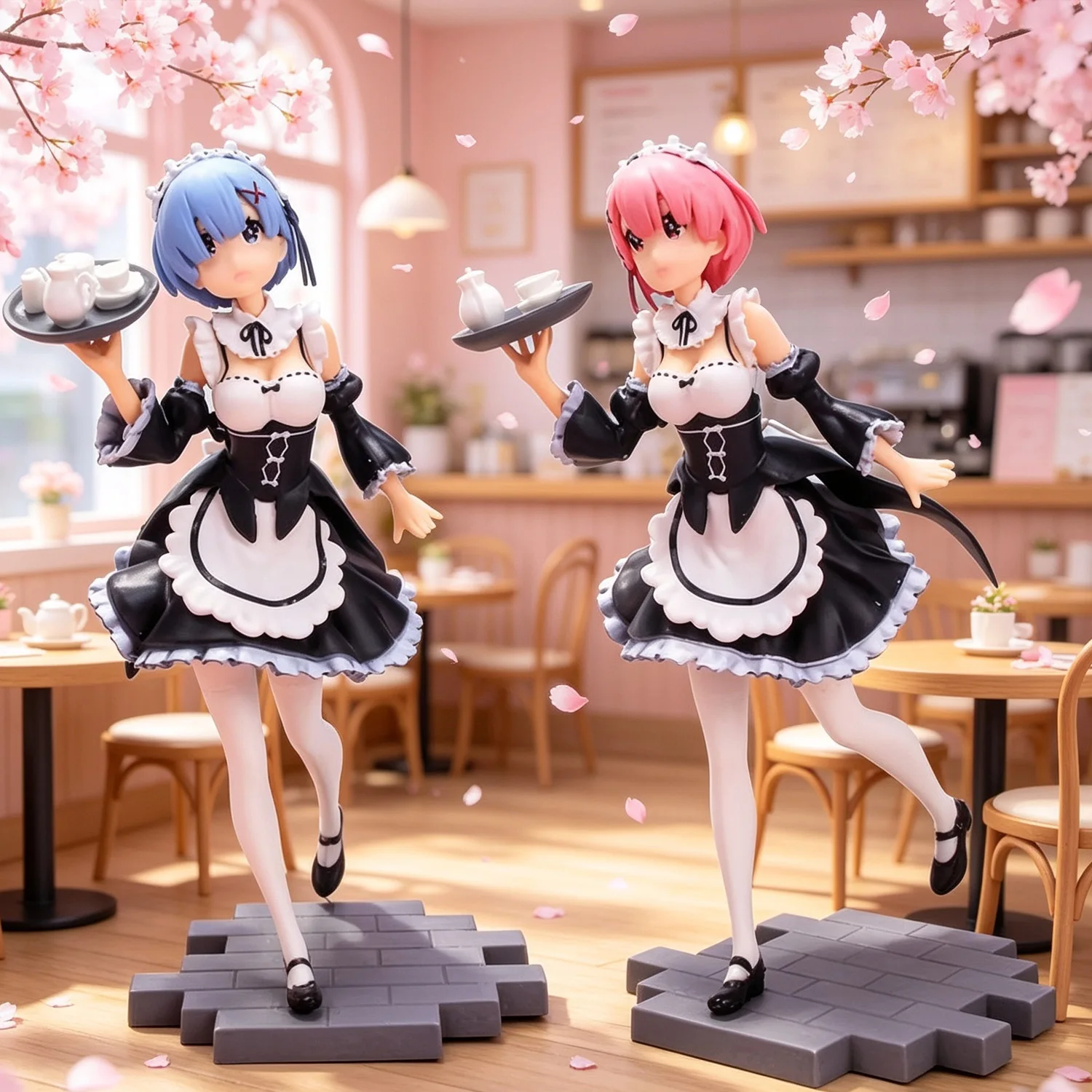 Ensemble de figurines Re:Zero Rem & Ram - Costume de demoiselle d'honneur avec plateau, pose debout, modèles de collection détaillés pour collection et exposition