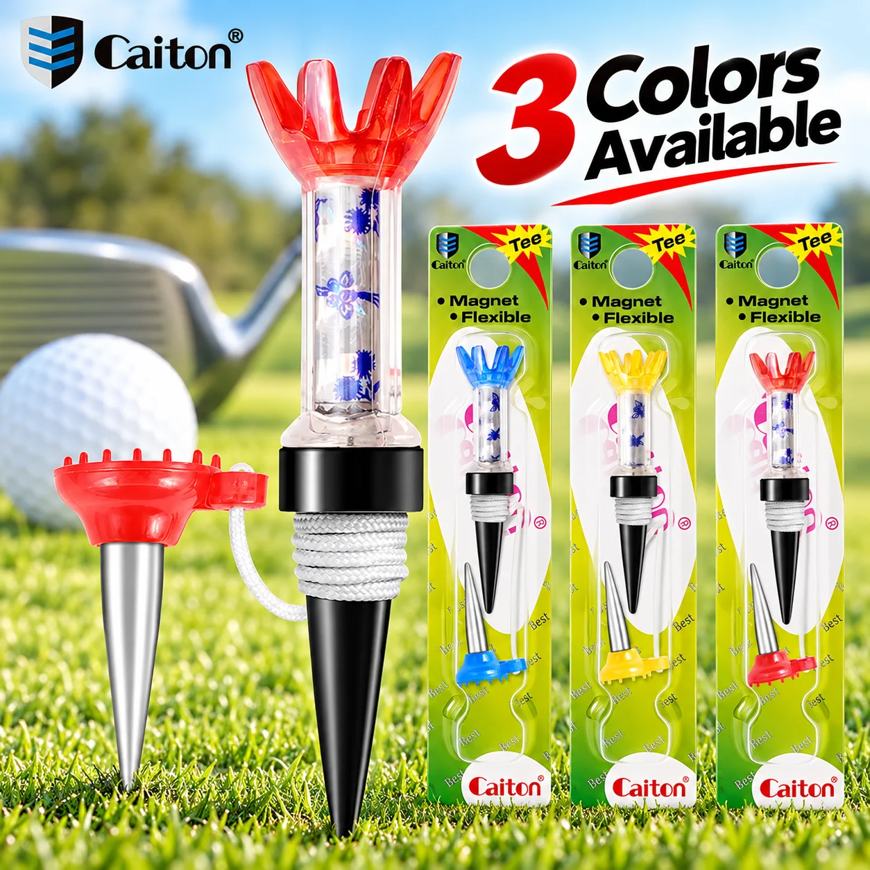 Caiton 1pc Golf Ball Tee – Metal Spikes, 3 Colors, 70mm/2.75in, Enhanced Stability & Distance, Premium Golf Accessories