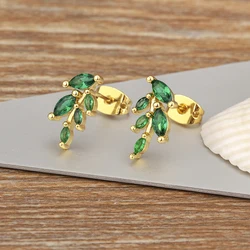 Nidin Korean Fashion Leaf Shape Inlaid Green Zircon Charm Stud Earrings For Women Creative Design Ear Jewelry Accessories Gifts