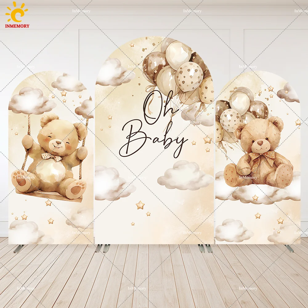 

Bear Baby Shower Arch Backdrop Cover Custom White Clouds Balloons Boy First Birthday Party Arched Wall Background Photobooth