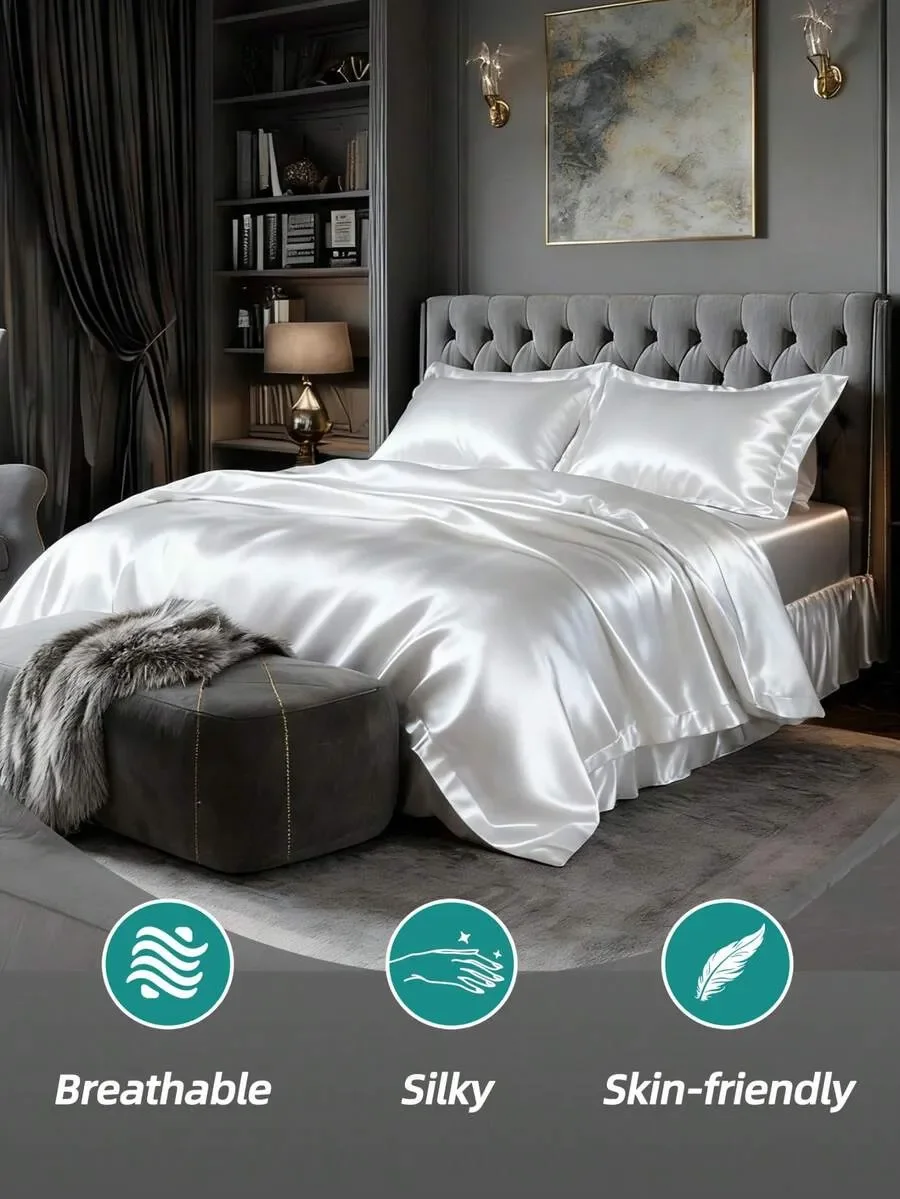 3-Piece Silky Satin Fitted Sheet Set (1 Fitted Sheet + 2 Pillowcases), Smooth Breathable Wrinkle-Resistant Bed Linens, Machine Washable Comfort Bedding for Home, Hotel & Apartment