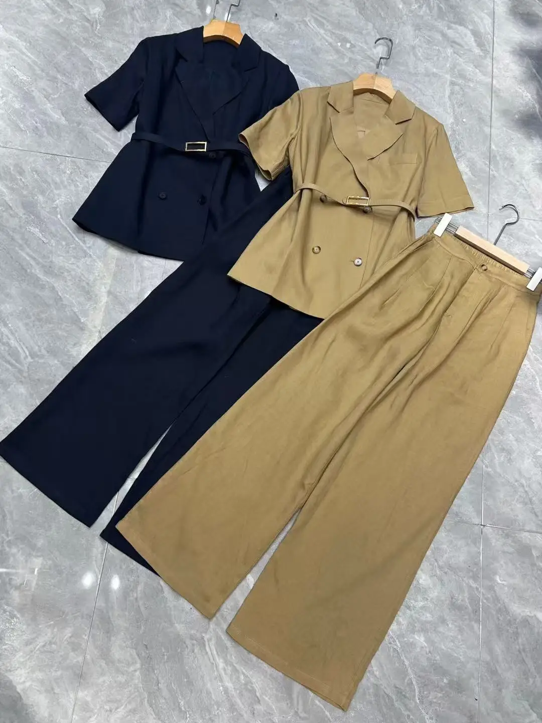 Autumn Classic Elegant Double-Breasted Linen Top and Wide-Leg Pants Two-Piece Set