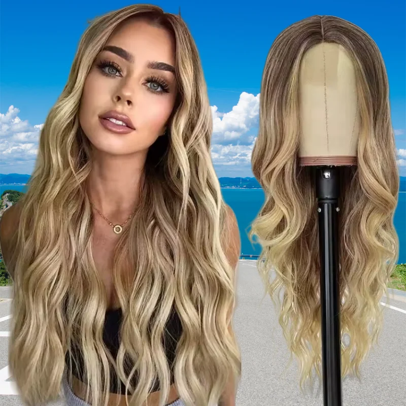 

Human Hair Wig Long Lace Ombre Blonde 13x4 Lace Front Wigs Wavy for Women Highlight Girl Middle Part Daily Party Dating Lothoey