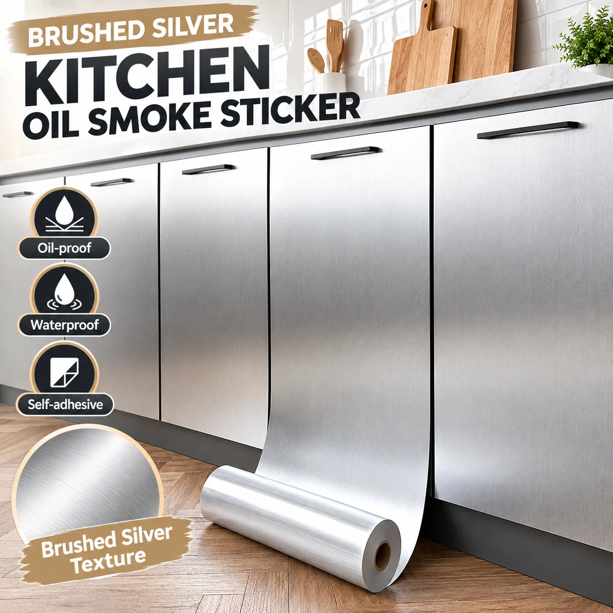Silver Thickened Self-Adhesive Aluminum Foil Wallpaper Is Suitable For Kitchen Drawer Stove Wall And Tabletop Renovation.