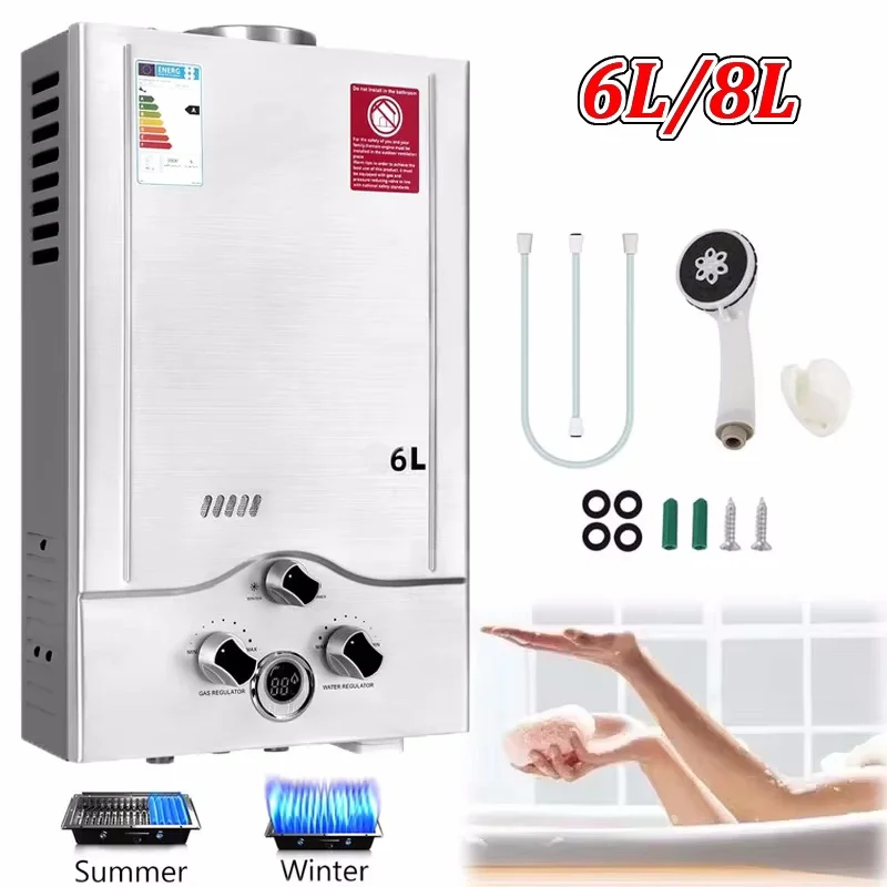 Chauffe-eau au gaz GPL 6L 8L, en acier inoxydable, sans réservoir, propane, avec kit de douche, appareil ménager de camping