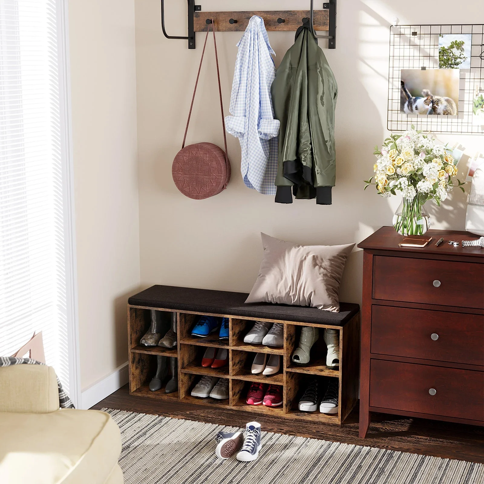 VASAGLE Shoe Bench, Shoe Shelf, Shoe Rack, Storage Cabinet, 10 Compartments, with Cushion, for Entryway, 104 x 30 x 48 cm