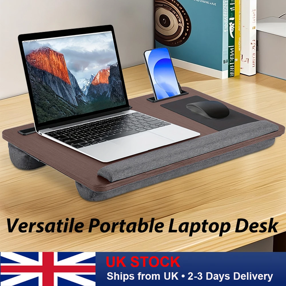 طاولة سرير للكمبيوتر المحمول قابلة للتعديل مع مسند للمعصم وفتحات للهاتف اللوحي وتصميم مريح قابل للطي للقراءة والكتابة