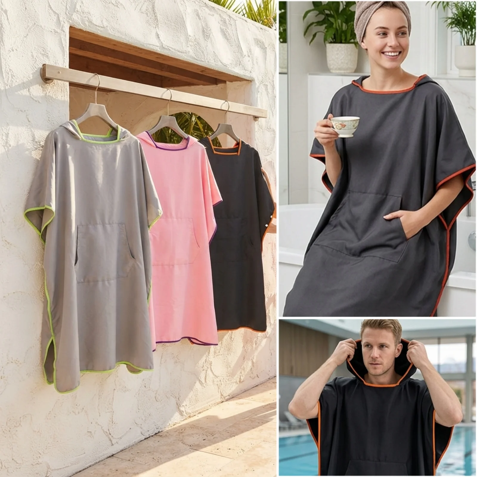 Lightweight Absorbent Hooded Surf Poncho Towel Adult Changing Robe with Pocket Side Snaps Machine Washable Swim Cover‑Up for Bea