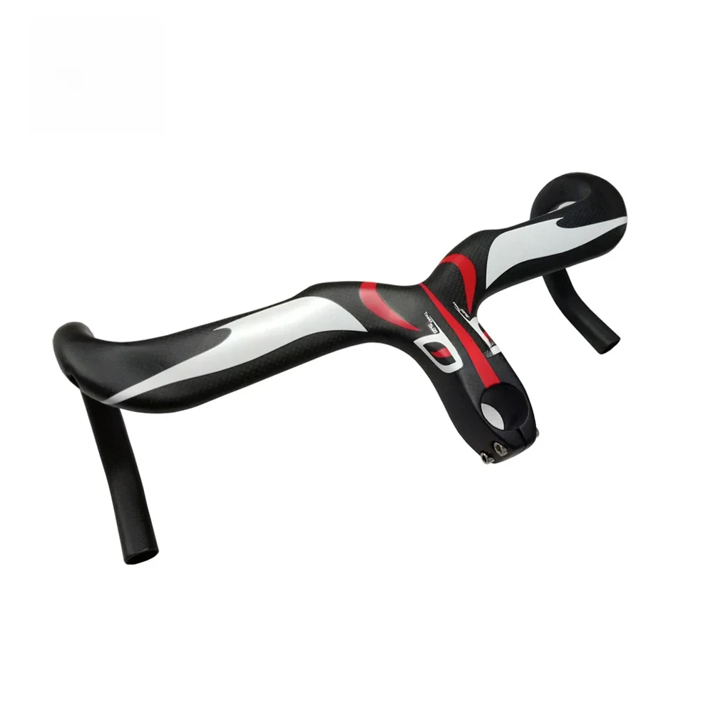 Nowy kompaktowy rower szosowy 3K pełna węgla kierownica rowerowa i Stem zintegrowane 400/420/440*90/100/110/120mm czerwone logo — zdjęcie 2