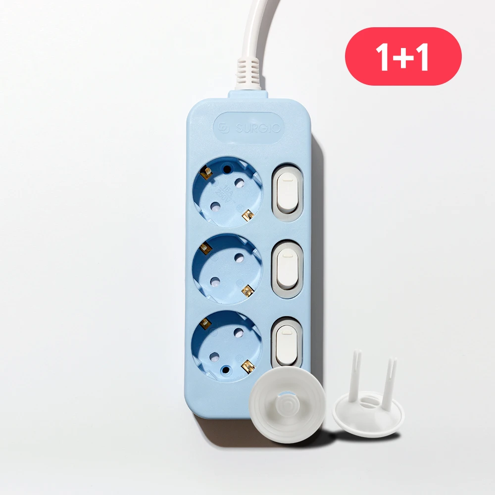 1+1 Monocare Color Power Strip Individual Switch 3 Bole (16A) + Safety Cover 2P / Sky Blue 1m 3m