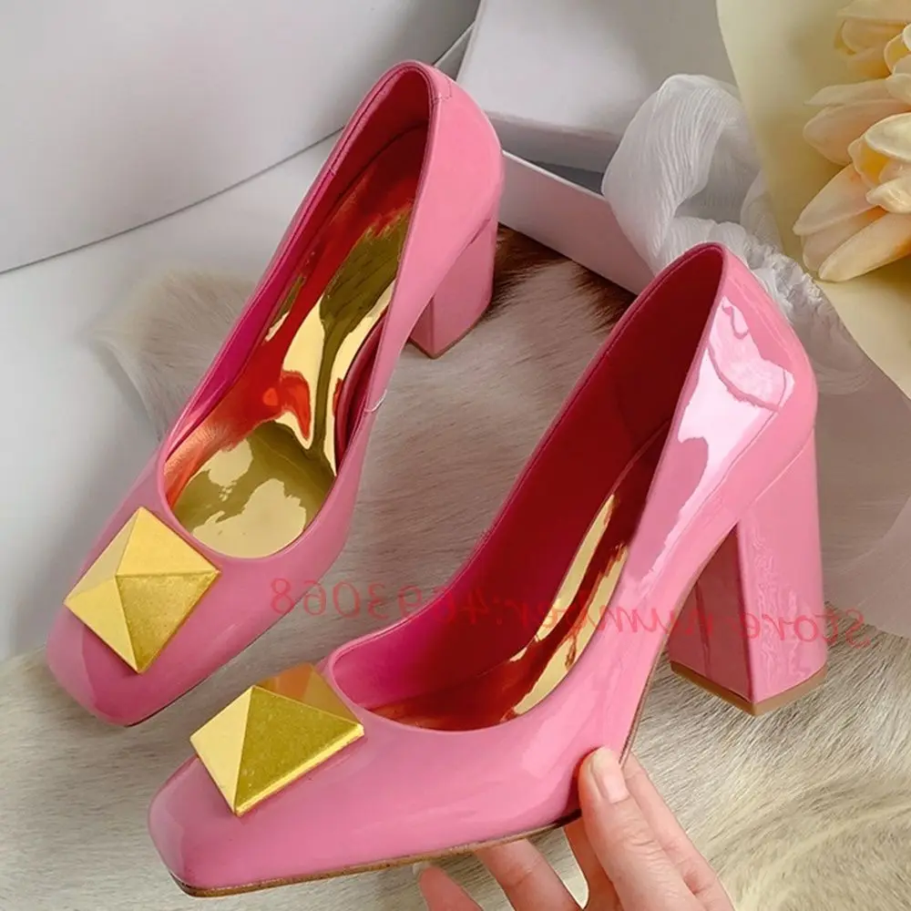 Metal Rivets Pink Women Pumps High Chunky Heels Dress Shoes Summer Square Toe Shiny Leather Pumps Fashion Office Ladies Pumps