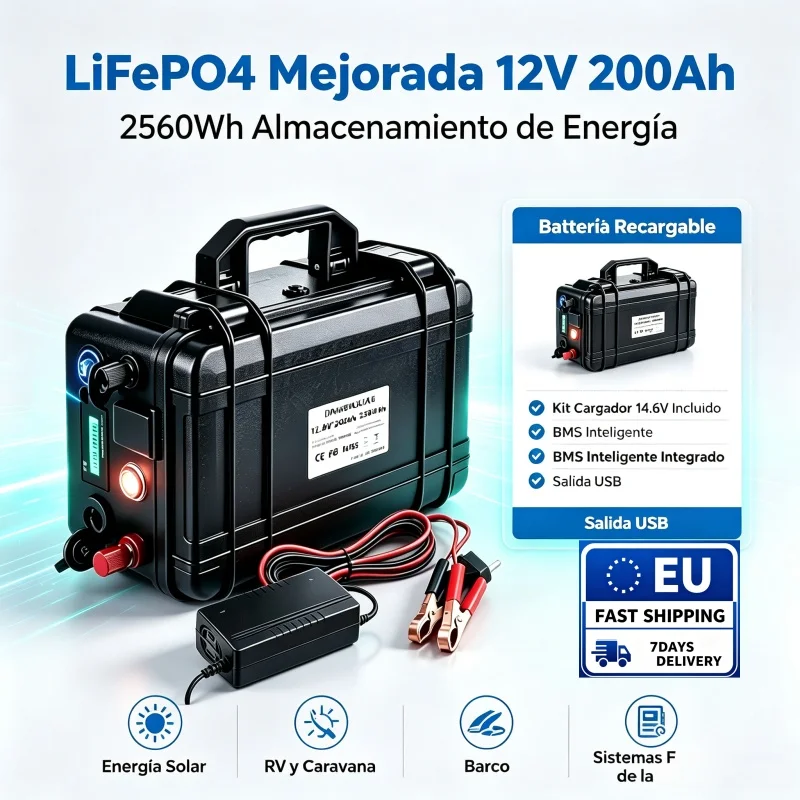 Verbesserte 12V 200Ah LiFePO4-Batterie, 2560Wh, mit 14,6V-Ladegerät im Lieferumfang, integriertem Smart-BMS und USB-Ausgang, wiederaufladbare Batterie für Solarenergiespeicherung, Wohnmobile,