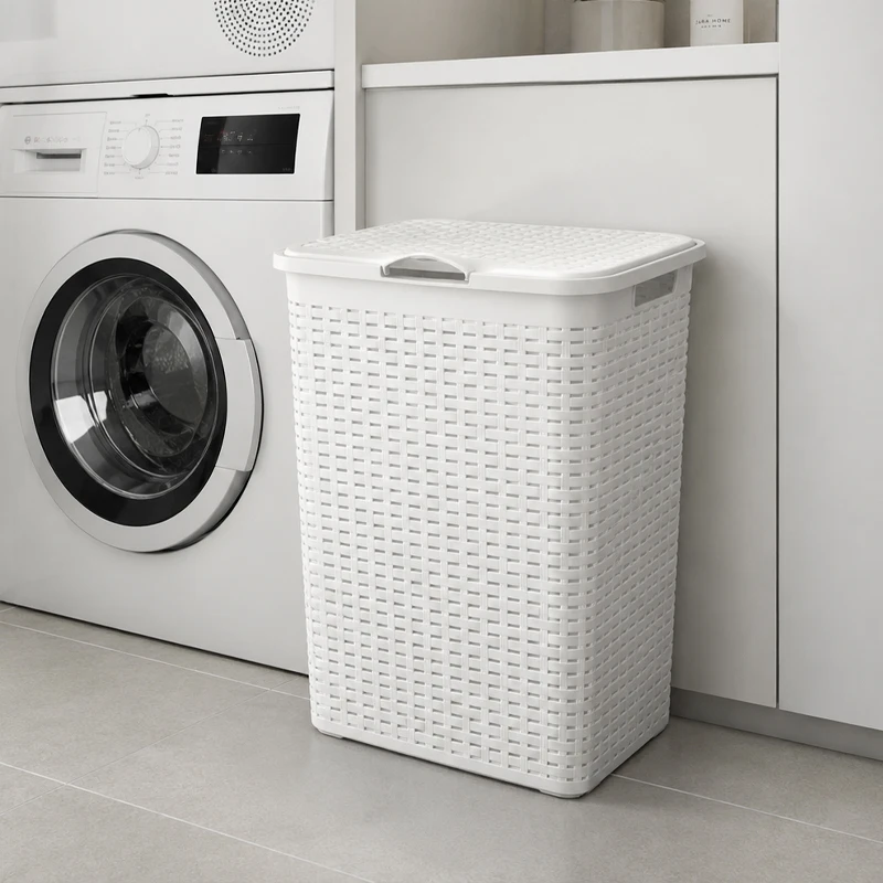 Panier de rangement pour linge en plastique avec couvercle et design imitation osier, panier respirant de grande capacité pour salle de bain et buanderie, 39×30×49 cm