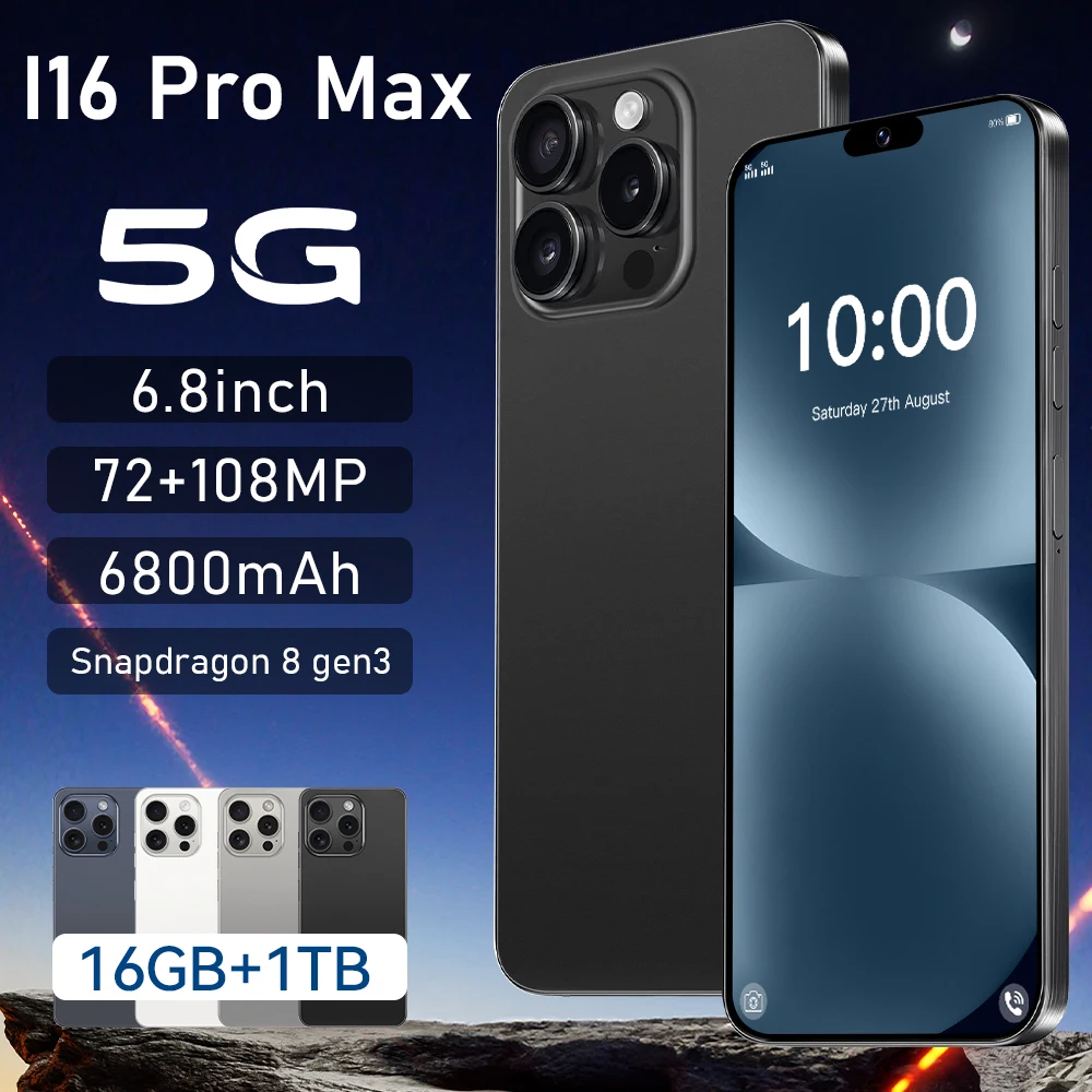 

Новый ГОРЯЧИЙ 2025 i16 Pro max 6,8 дюйма HD Global Edition, оригинальная умная двойная карта, аккумулятор 6800 мАч, функция распознавания лиц