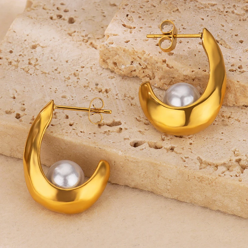 

New In WaterDrop Pearl Earrings for Women Stainless Steel Gold Color Hoop Earrings 2024 Trend Wedding Party Jewelry Gift