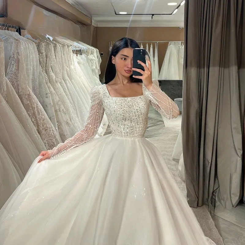 Gola quadrada vestido de casamento glitter lantejoulas mangas compridas a linha até o chão vestido de noiva elegante novia