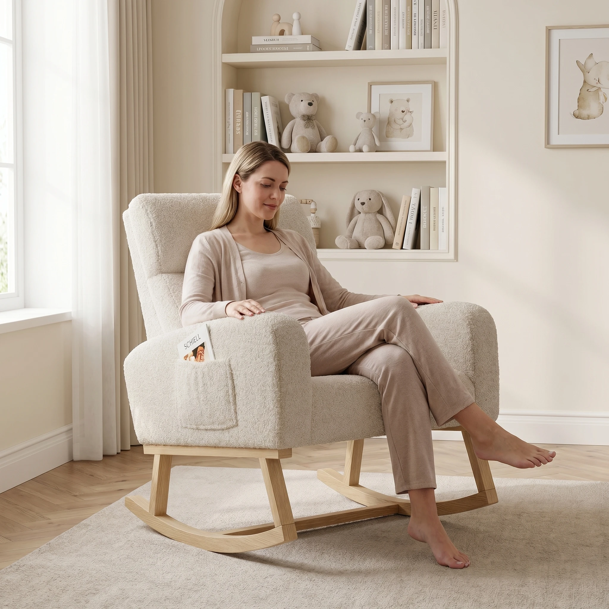 Fauteuil relaxant Anajqaqia, fauteuil d'allaitement avec poche latérale, fauteuil à bascule avec pieds en bois massif pour salon, velours Teddy