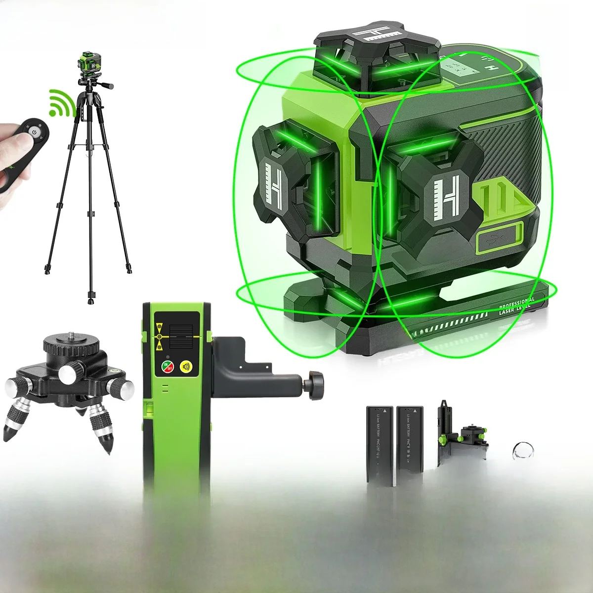 Huepar 4D 16 Lijnen Laser Niveau Z04CG Zelfnivellerende Kruislijnen Groene Laser Niveau Tool Set Met Afstandsbediening/statief/Detector & 2 Batterij - afbeelding 2