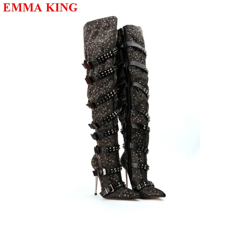 Luxury Rhinestone Thigh High Boots Woman Rivet Buckle Strap Over The Knee Boots Sexy High Heel Party Stage Motorcycle Boots 2022