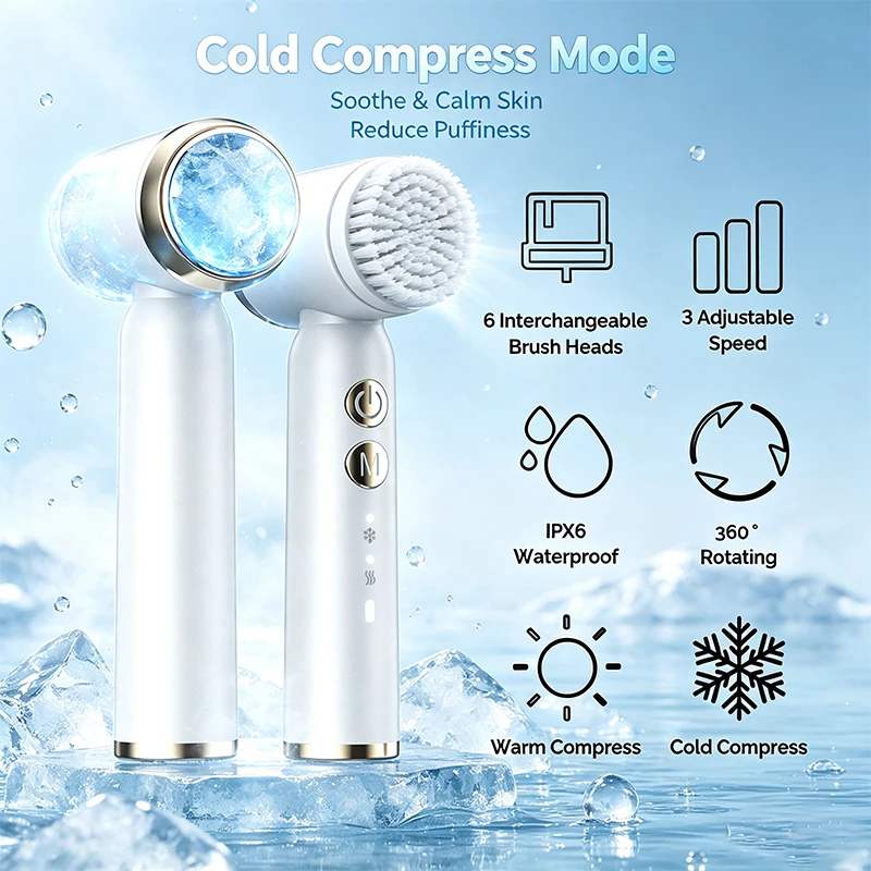 Ice Compress Pore Shrink Hot Compress Absorb Serum Facial Cleansing Brush 3 Gear Vibration Exfoliating Face Massage Instrument
