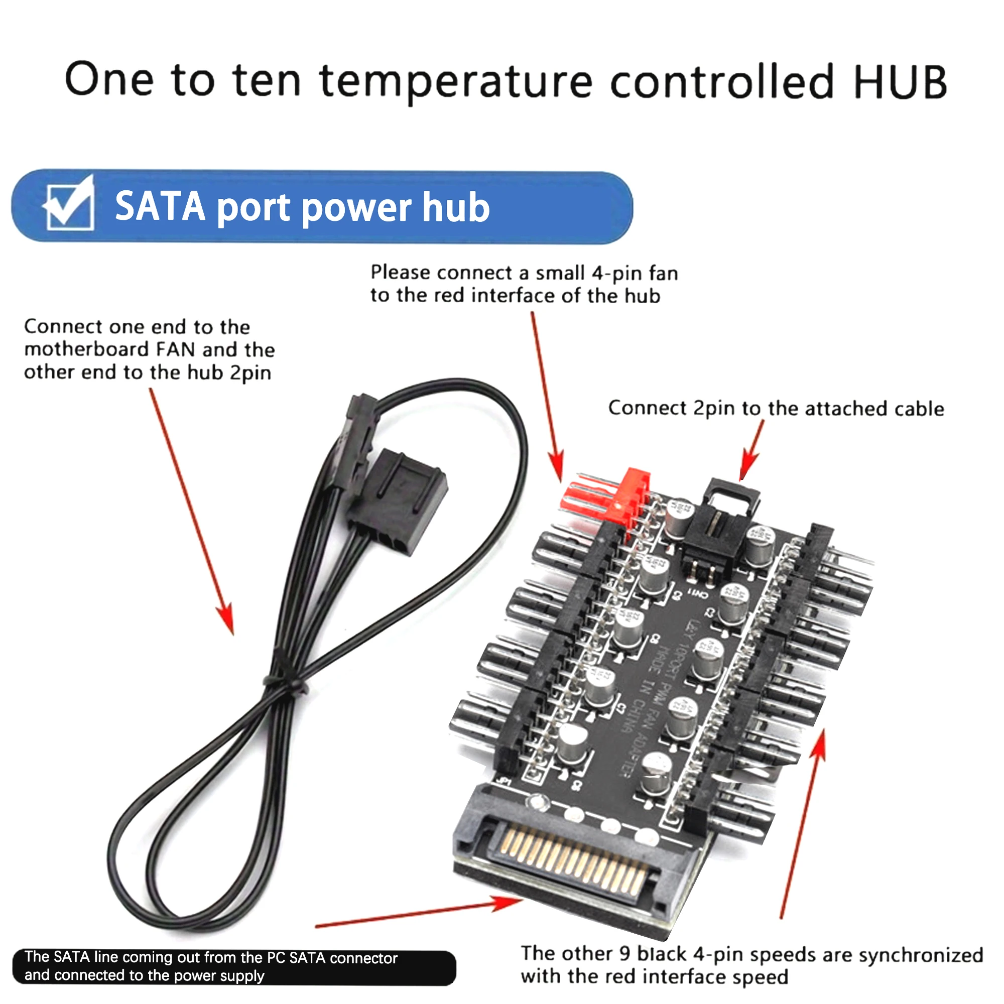 Hub de ventilateurs PWM 4 broches 1 à 10 ports SATA / 4D avec alimentation et contrôle intelligent de la température pour ventilateurs de refroidissement de boîtier PC
