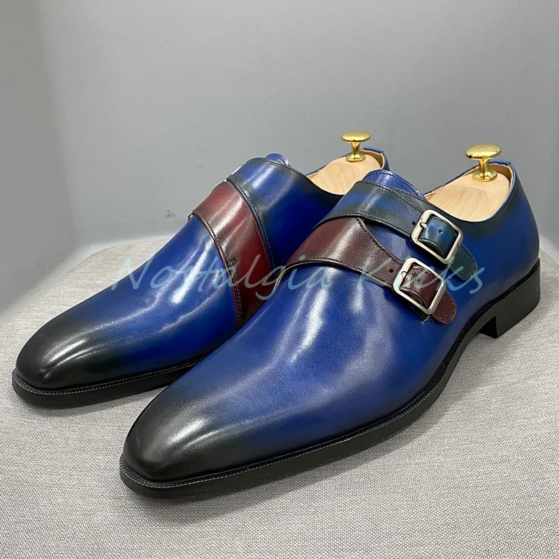 Luxury Blue Patent Leather Double Buckle Oxford Shoes Men's Monk Pointed Toe Dress Shoes Vintage Wear-Resistant Office Shoes