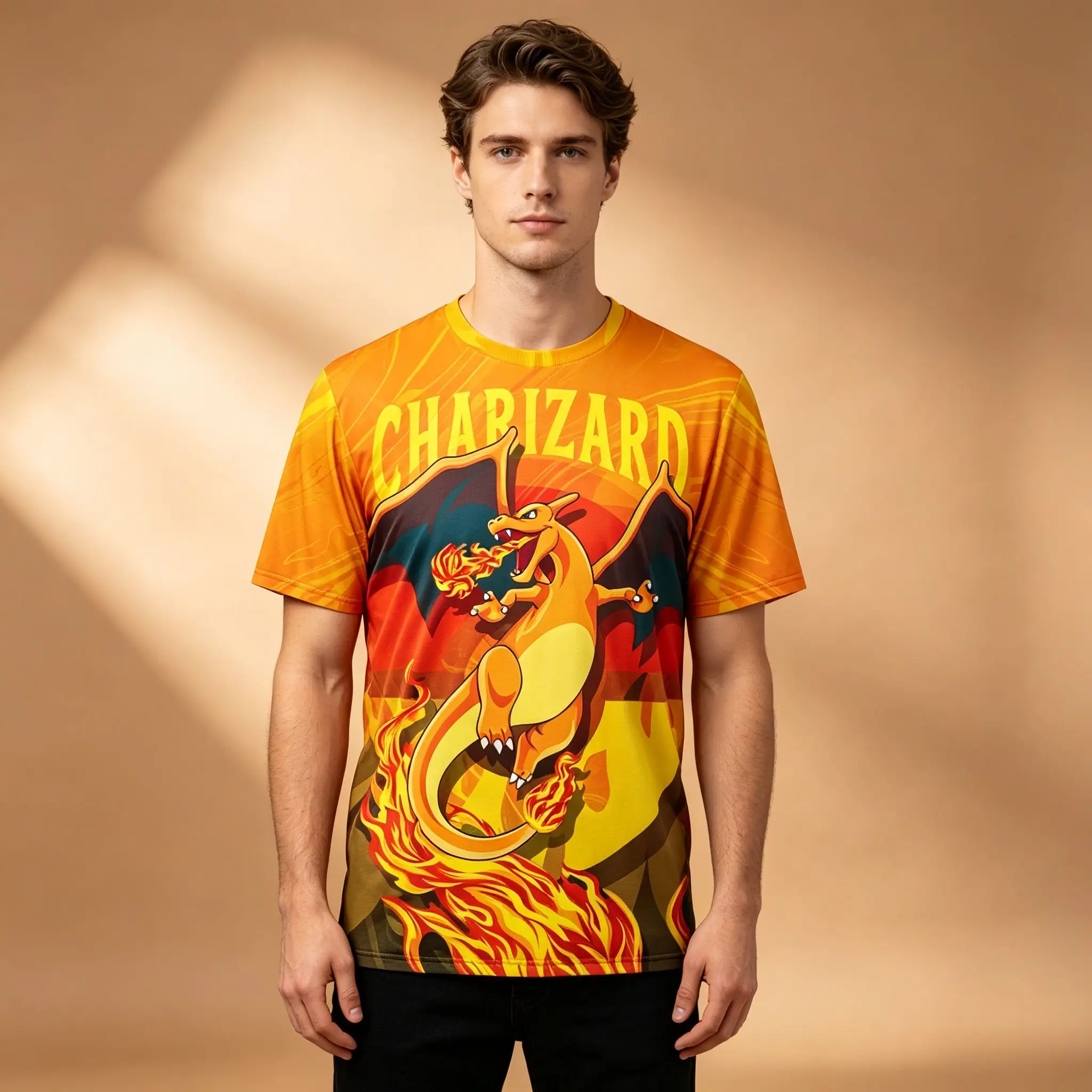 Camiseta con estampado completo de Pokémon Charizard Flame para hombre, camiseta informal de manga corta con gráfico de anime de Dragón de Fuego naranja