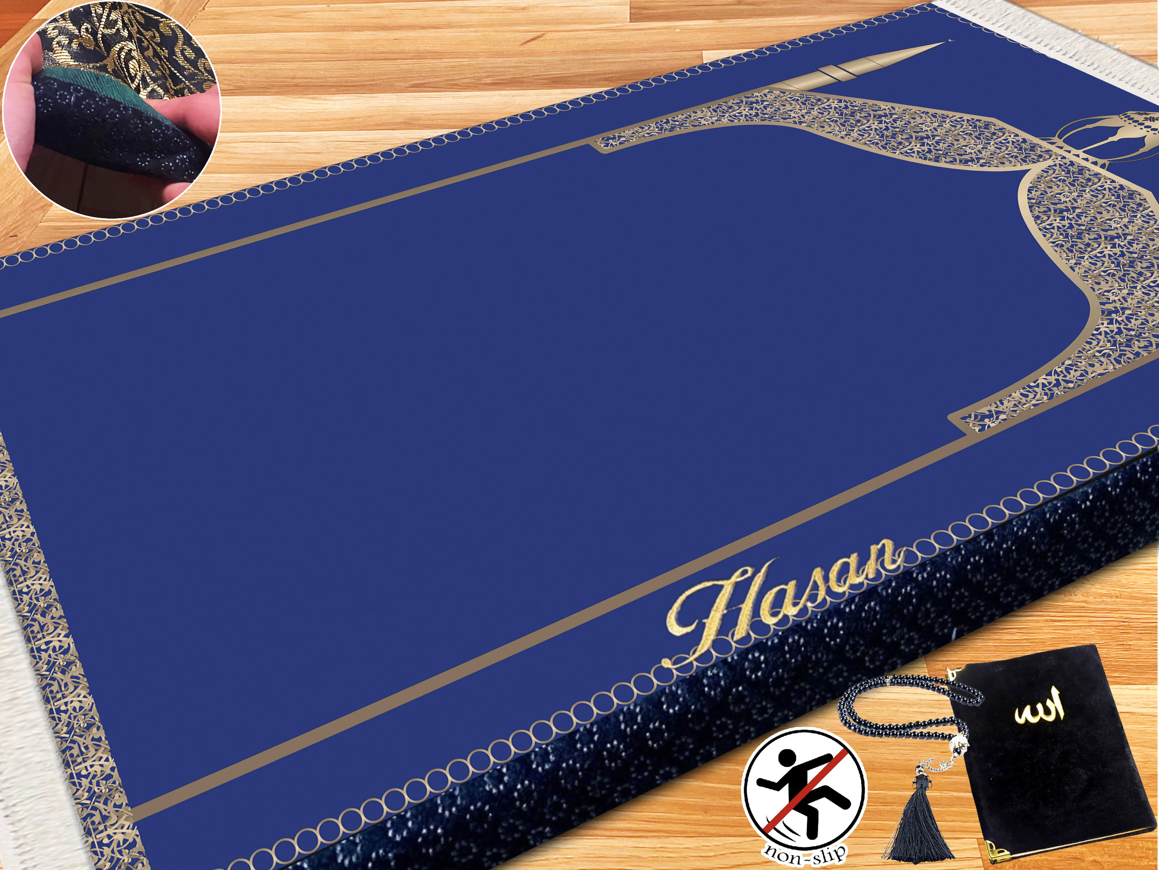 

Extra Thick Foam Padded Turkish Blue Gold Prayer Rug, Luxury Yaseen, Soft Praying Mat Carpet & Pearl Tasbeeh, İslamic Gift Set