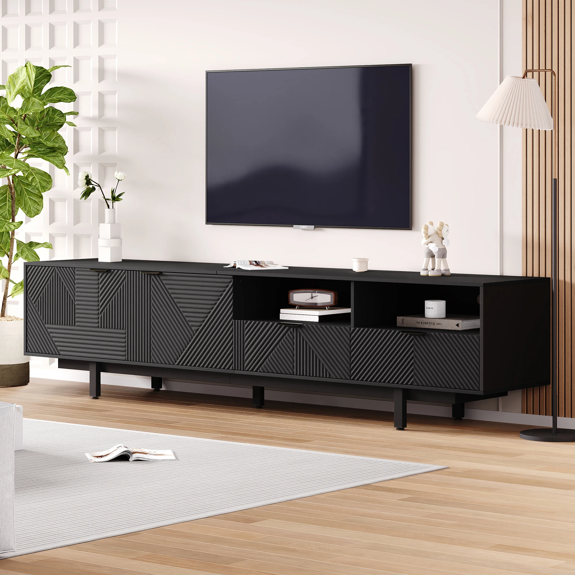 Armoire TV 200x40x51cm avec 2 portes 2 tiroirs Design minimaliste Grand espace de rangement Robuste