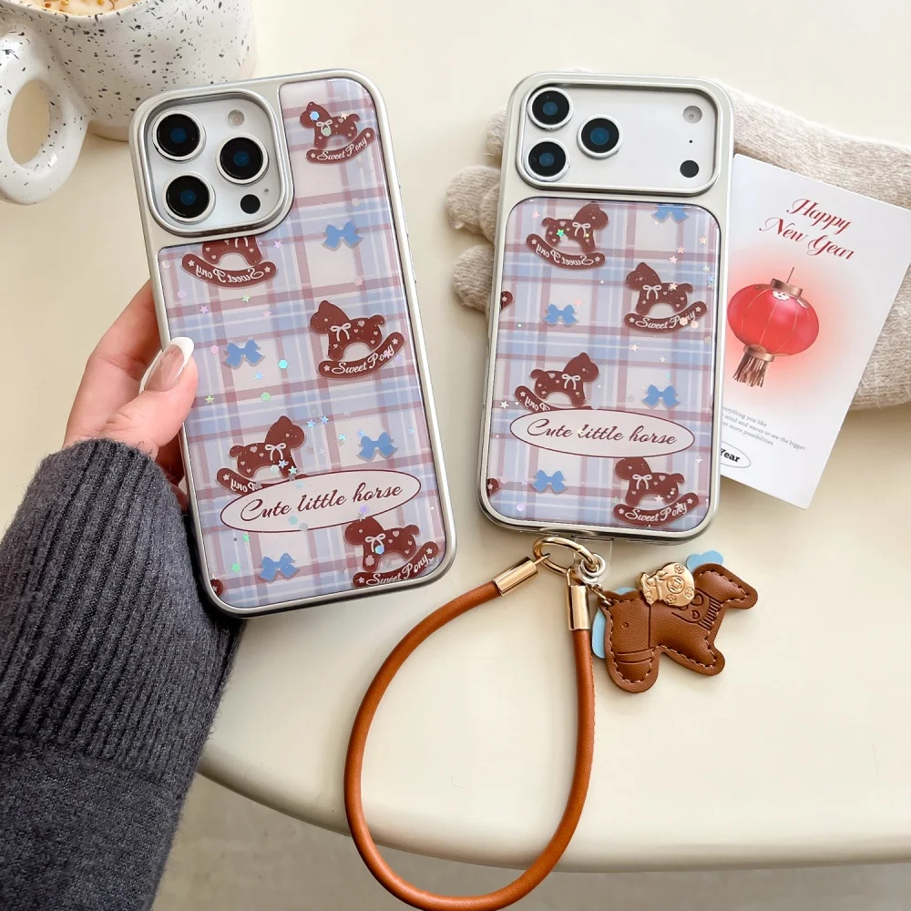 

Cute cartoon plaid bow love Trojan phone case for iPhone 17 16 ProMax 14 15 Pro fundas Korean INS fashion new protective cover