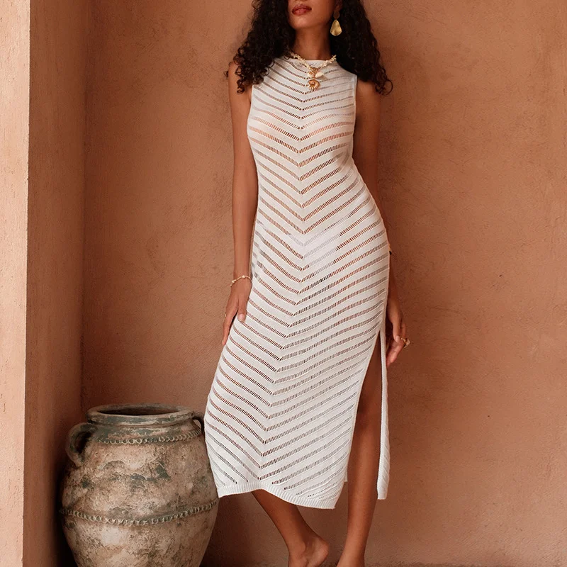 Robe de plage longue en tricot transparent pour femmes, sans manches, Slim, fente latérale, Crochet, Cover-Up pour Bikini, Sexy, maillot de bain transparent, été