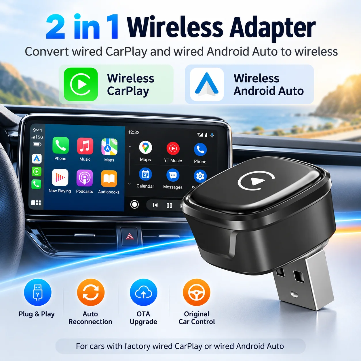 TrolinkTek 2 in 1 Wireless CarPlay Adapter Apple Car Play Android Auto AI Smart Box Car Intelligent Systems for car