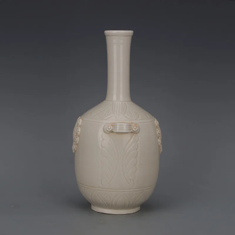 Song Dynasty Ding Kiln Style White Glaze Raised Studs Double Lugs Incised Long Neck Vase Porcelain Home Decor Collectible