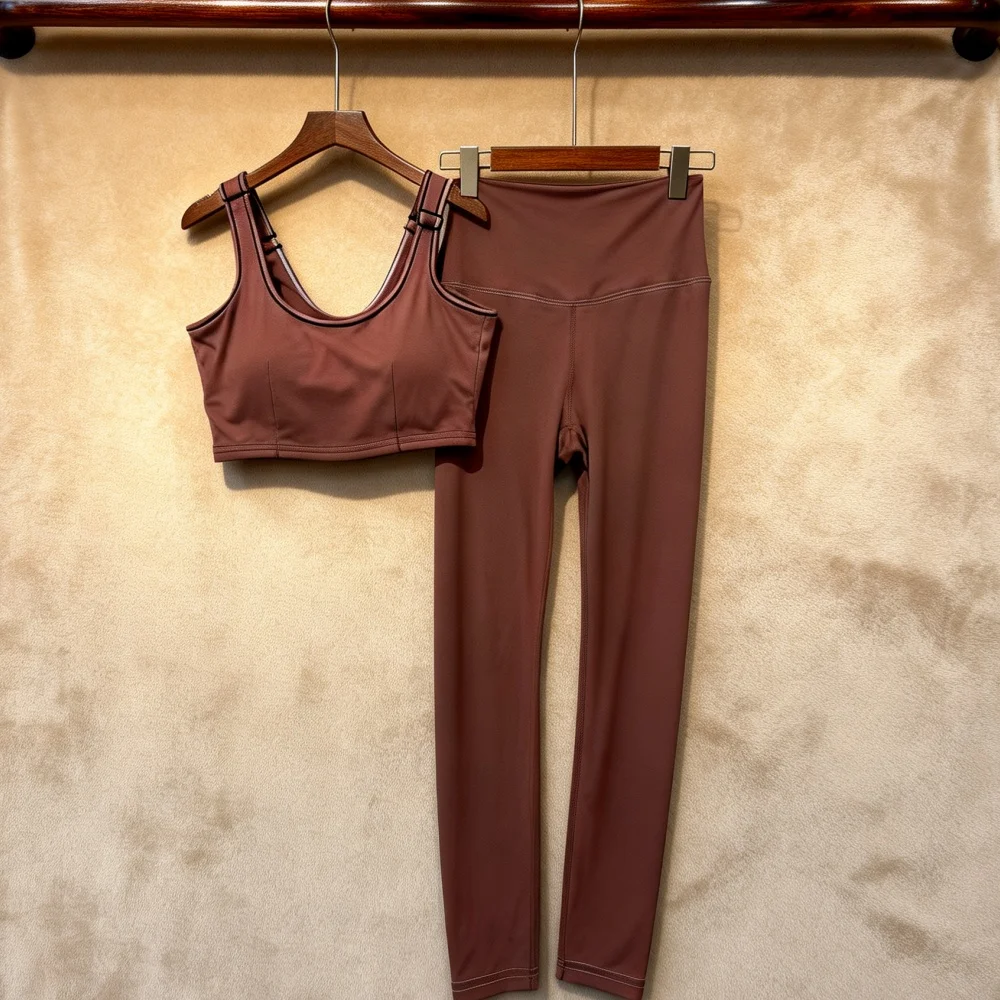 

2026 Women's 2 Piece Yoga Set High Waist Leggings Adjustable Sports Bra Quick Dry Workout Gym Fitness Outfit Chocolate Brown 038