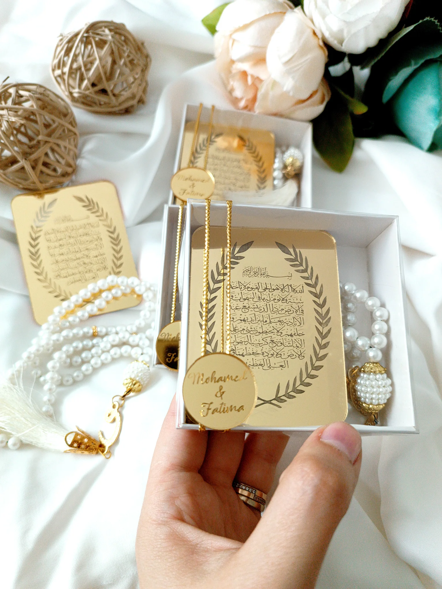 

20 pcs Ameen Favors, Arabic Calligraphy, Islamic Favors, Ayatul Kursi Magnet and Rosary,Save the Date, Personalized Gift