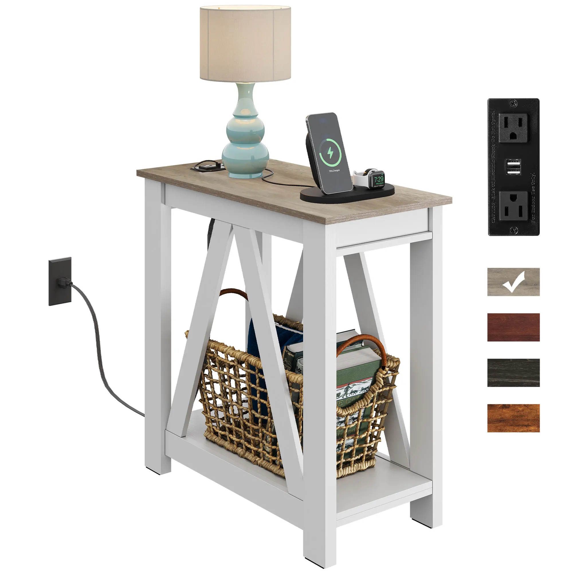 Narrow End Table with Charging Station Farmhouse Side Table Slim ETL Listed 2 AC Outlets + 2 USB Ports; Sturdy A-Shaped Frame; 55 Lbs Capacity; 2 Tier Shelves; Non Slip Pads; Easy Assembly