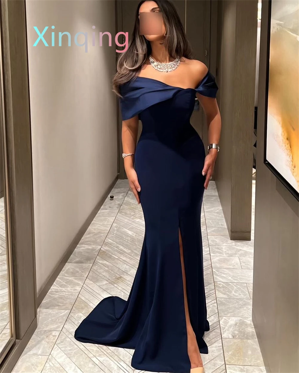 Customized  Mermaid Graceful Blue Jersey Evening Dress Modern Boat Neck Off the Shoulder Sleeveless Prom Dress Fashion  image 2