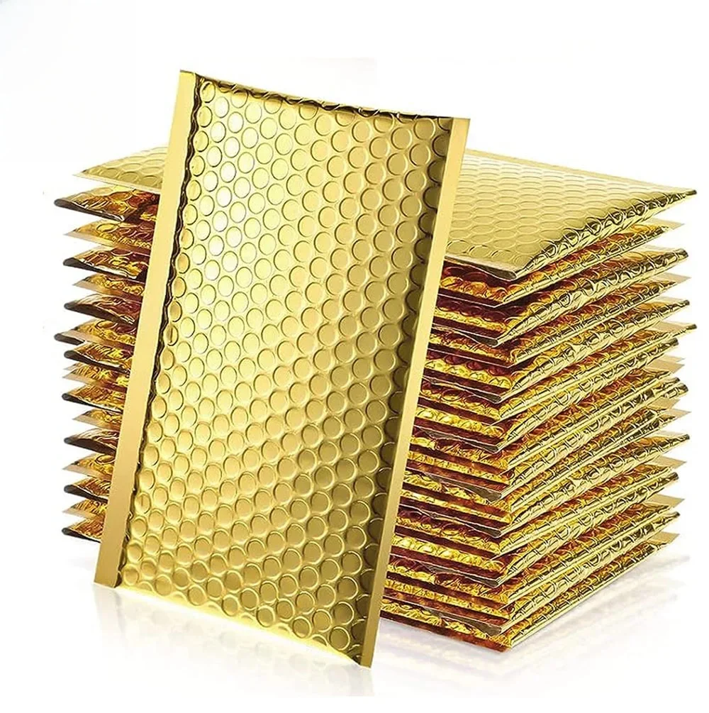 Enveloppe à bulles en métal doré, 50 pièces, pochette d'envoi, fournitures d'emballage, sac postal épais, livraison pour petites entreprises