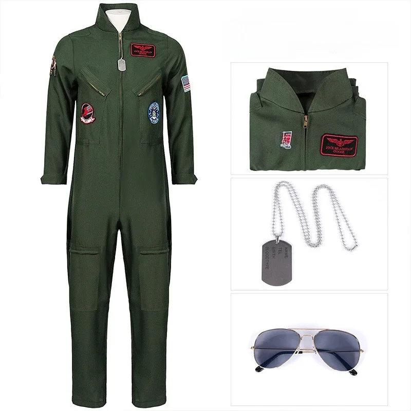2023 Nieuwe Top Gun Cosplay Kostuum Amerikaanse Luchtmacht Heren Uniform Halloween Kostuum Met Glazen Leger Groene Militaire Piloot Bodysuit - afbeelding 2