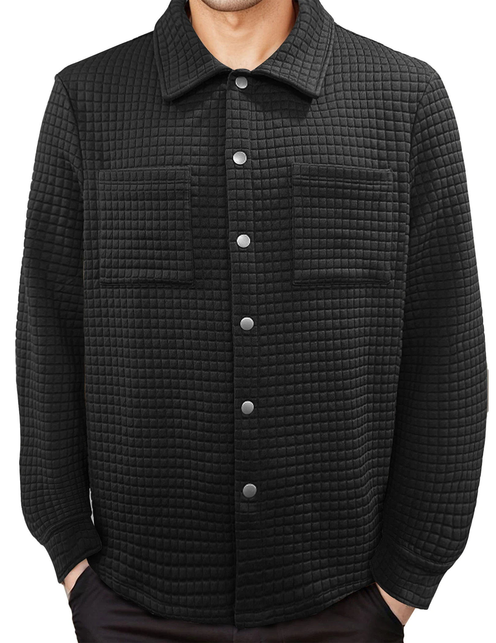 

Men's Long Sleeve Shirt Jacket Solid Color Plaid Casual Coat Autumn And Winter Jacket Men Waffle Pocket Warm Button Jacket