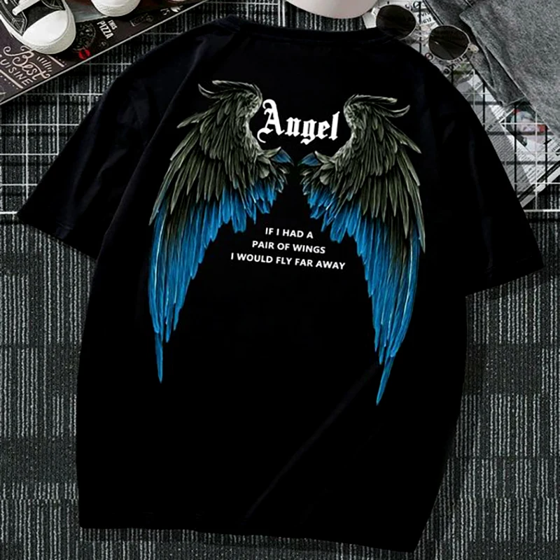 2024 New Men's Wings Large Print Black Casual Short Sleeve Street Trend Round Neck T-shirt Loose Angel Print Casual Fashion Top