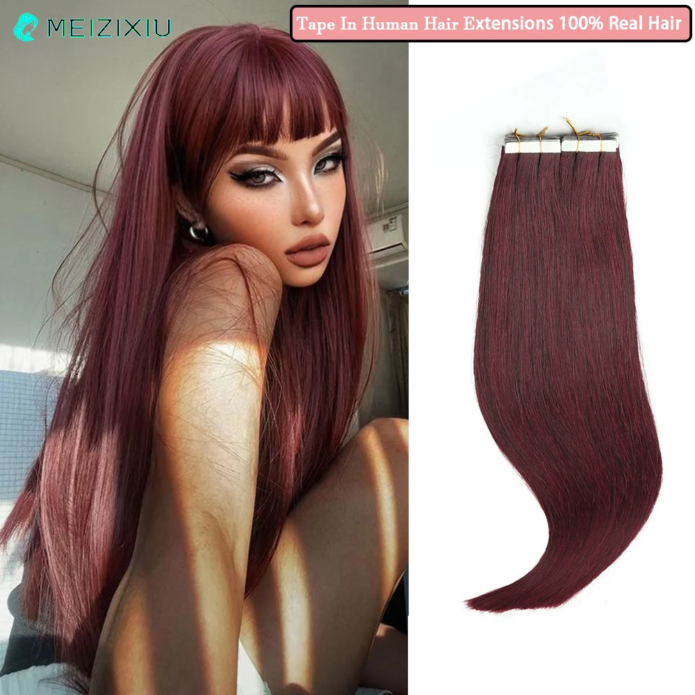 Tape In Hair Extensions Remy Add Hair Straight Seamless Tape In Human Hair Extensions for Women Burgundy 24Inch 20pcs #99J 50g