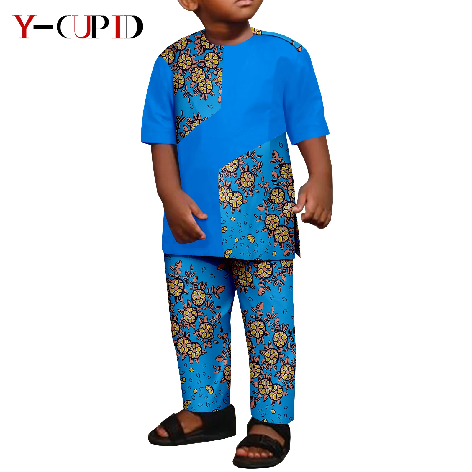 African Clothes for Boys Kid Outfits Dashiki Summer Cotton Ankara Print Top and Pant Sets Bazin Riche Children Outwear Y224017